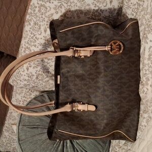 Michael Kors Jet Set Logo Dark Brown Tan Tote Computer Bag Laptop Handbag Large